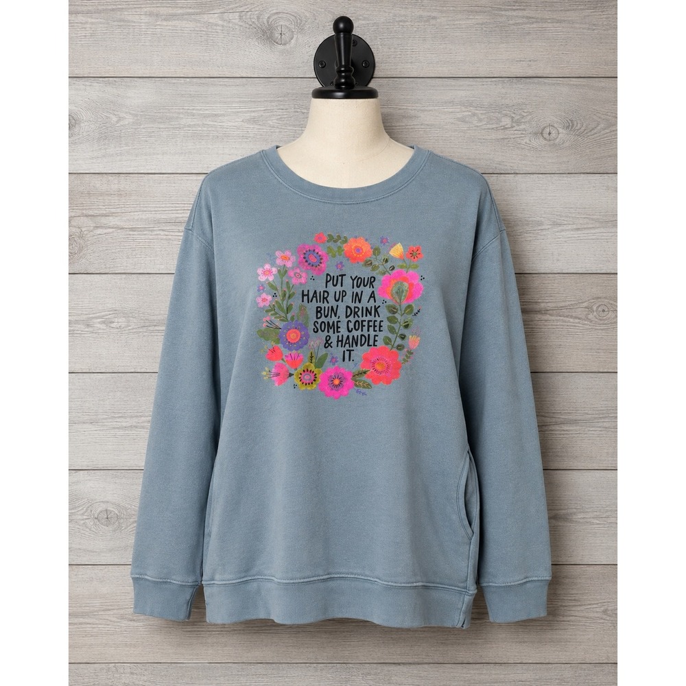Natural Life Sweatshirt Size XL Blue Floral Coffee Graphic Pockets Pullover